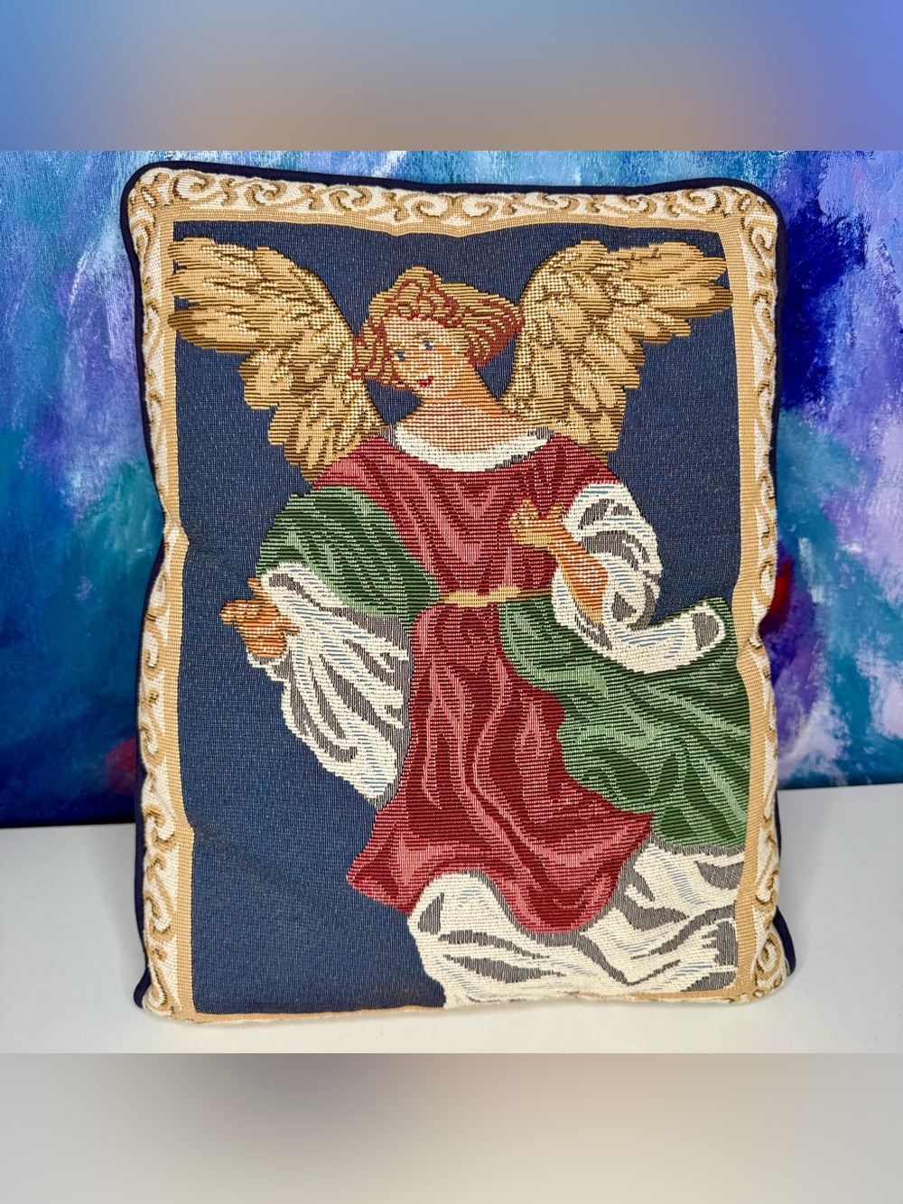 Angel Tapestry Throw Pillow Blue Guardian Angel Religious Christian Catholic